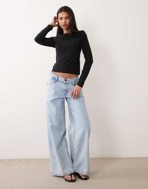 Top negro ceñido de manga larga con cuello barco fruncido de ASOS DESIGN, 2 de 4