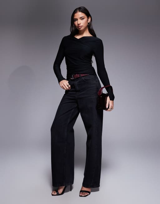 Top negro ceñido de manga larga con escote Bardot de ASOS DESIGN, 2 de 4