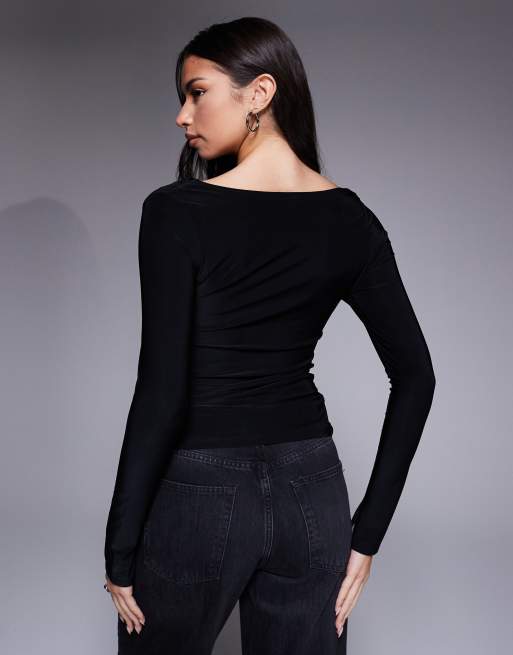 Top negro ceñido de manga larga con escote Bardot de ASOS DESIGN, 3 de 4
