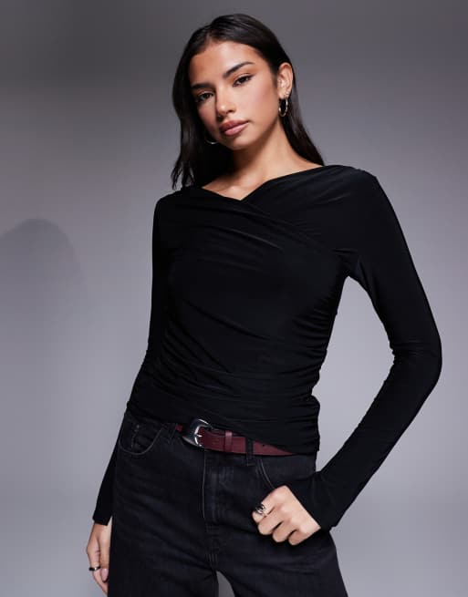 Top negro ceñido de manga larga con escote Bardot de ASOS DESIGN, 4 de 4