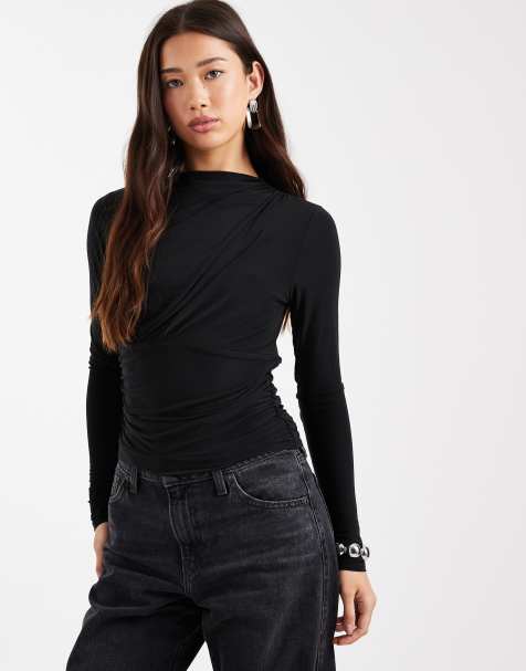 Top negro ceñido y fruncido de manga larga de ASOS DESIGN - view 1