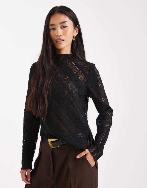 Top negro con bajo asimétrico de encaje de ONLY, 3 de 4