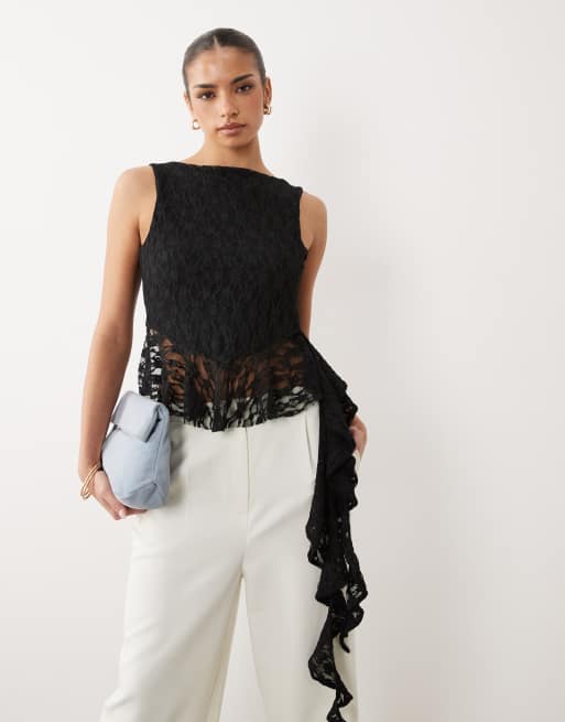 Top negro con bajo de sobrefalda y volantes de encaje de ASOS DESIGN, 4 de 4