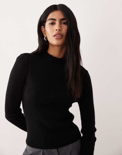 Top negro con cuello alto y borde de volantes de punto de mezcla de lana de Mango - view 1