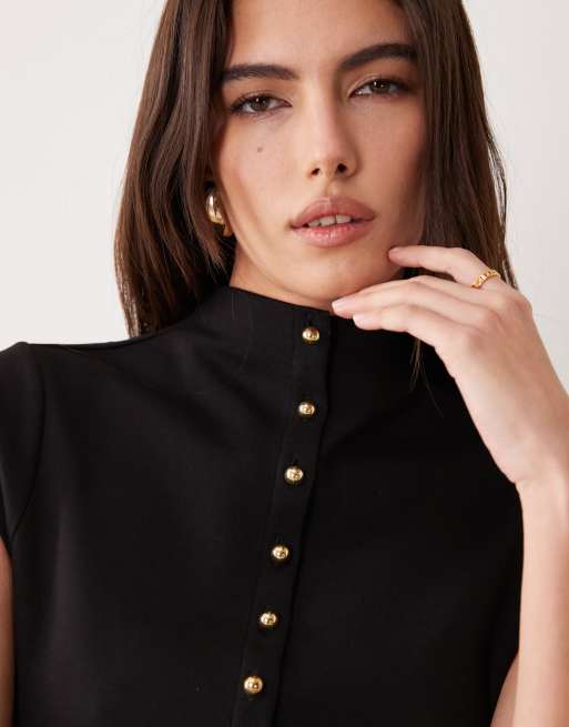 Top negro con cuello alzado y botones en la parte delantera de punto interlock de ASOS DESIGN, 4 de 4