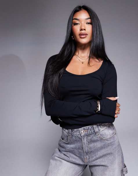 Top negro con cuello ancho y orificios para los pulgares de poliamida de ASOS DESIGN - view 1