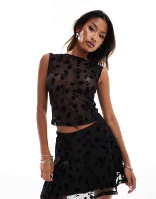 Top negro con cuello barco y diseño floral de devoré de ASOS DESIGN (parte de un conjunto)