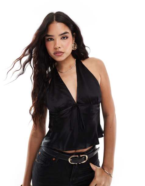 Top negro con cuello halter de satén de ASOS DESIGN - view 1