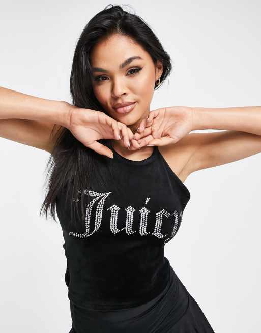 Top negro con cuello halter de velour con logo de pedrería de Juicy Couture (parte de un conjunto) 