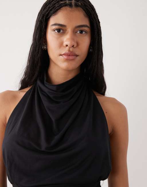 Top negro con cuello halter drapeado y detalle de cintura entallada de Weekday, 4 de 4