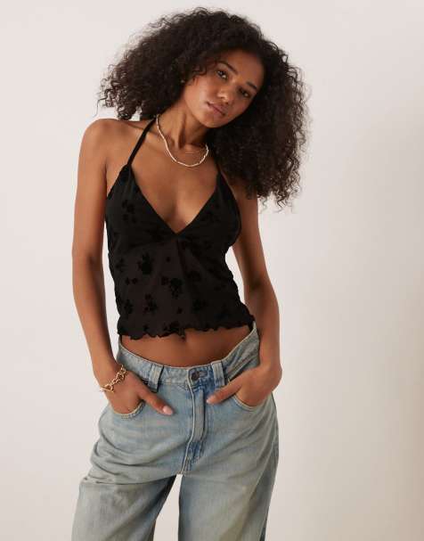 Top negro con cuello halter escotado y volantes de malla flocada de ASOS DESIGN - view 1