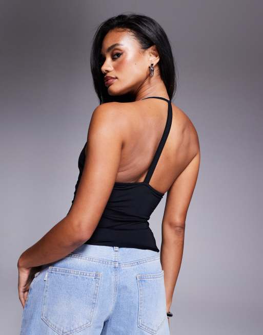 Top negro con cuello halter y detalle de tira de poliamida de ASOS DESIGN, 2 de 4