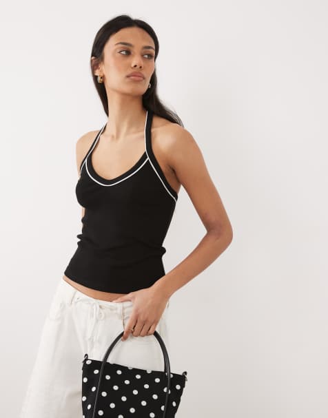 Top negro con cuello halter y ribetes en contraste de canalé de ASOS DESIGN - view 1