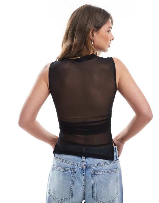 Top negro con cuello subido y laterales fruncidos de malla transparente de ASOS DESIGN, 2 de 4