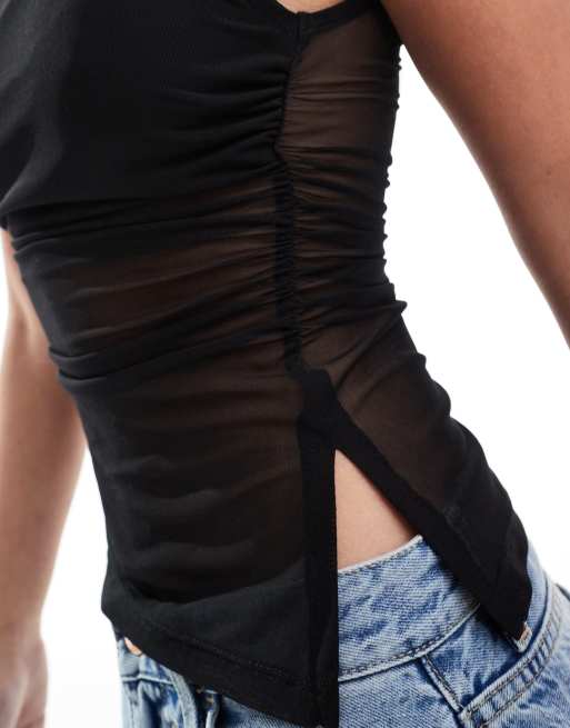 Top negro con cuello subido y laterales fruncidos de malla transparente de ASOS DESIGN, 3 de 4
