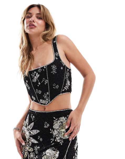 Top negro con diseño celestial de abalorios y lentejuelas de ASOS DESIGN (parte de un conjunto) - view 1