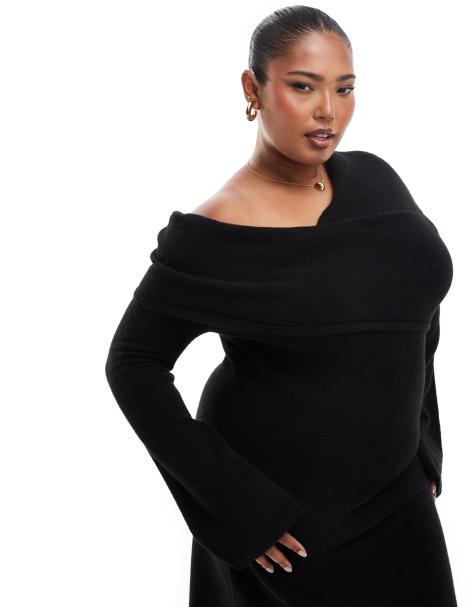 Top negro con escote Bardot asimétrico de punto de ASOS DESIGN Curve - view 1