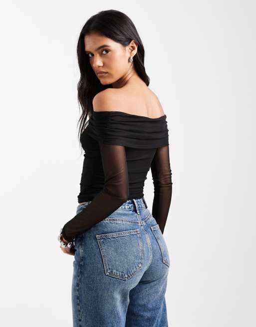 Top negro con escote Bardot de malla Ashley de Cotton On, 2 de 4
