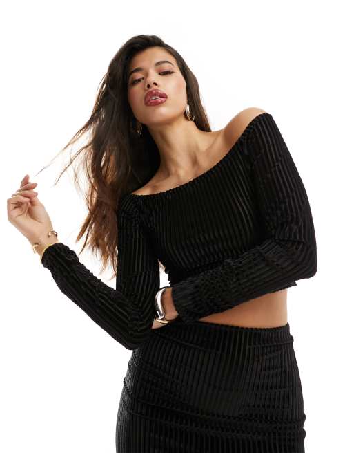 Top negro con escote Bardot de terciopelo acanalado de ASOS DESIGN (parte de un conjunto)