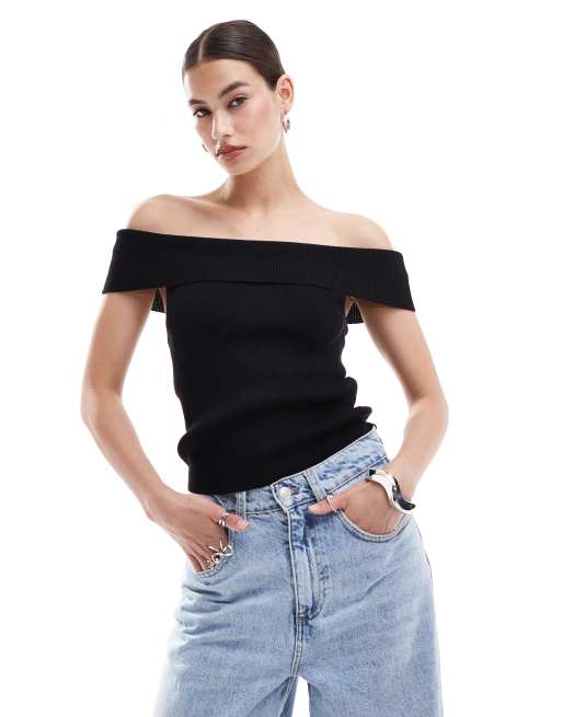 Top negro con escote Bardot plegado de canalé de Monki
