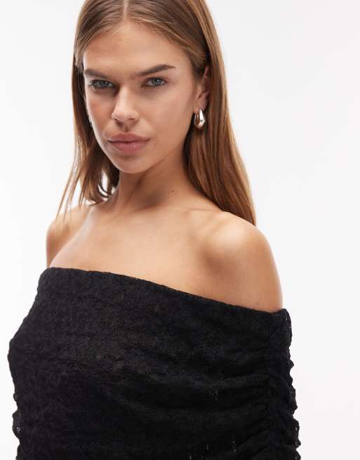 Top negro con escote Bardot plegado de encaje de ASOS DESIGN, 3 de 4