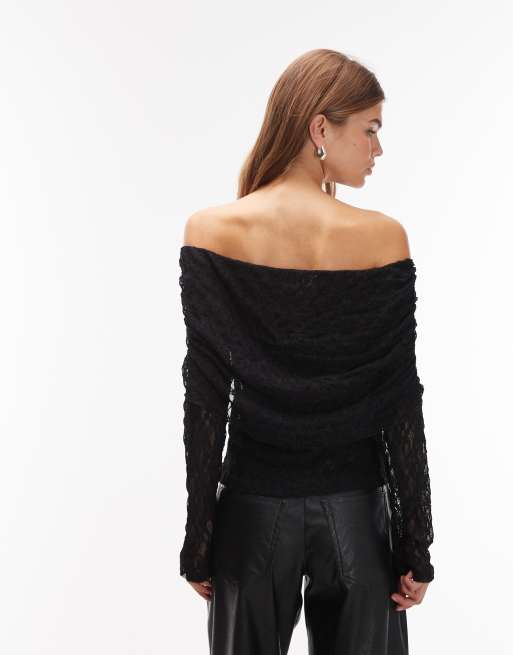 Top negro con escote Bardot plegado de encaje de ASOS DESIGN, 4 de 4