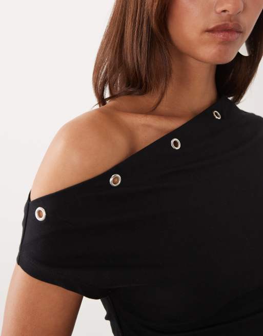 Top negro con escote Bardot y detalle de ojales de ASOS DESIGN (parte de un conjunto), 4 de 4