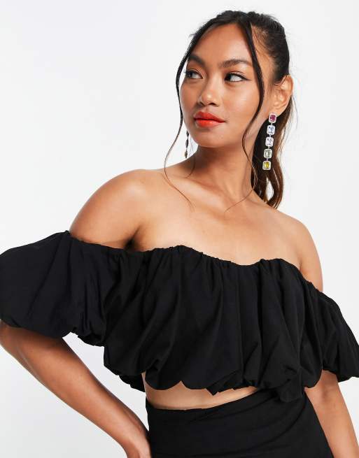 Top negro con escote Bardot y diseño abombado de lino de ASOS EDITION (parte de un conjunto)
