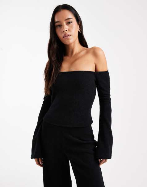 Top negro con escote Bardot y mangas acampanadas de canalé cepillado de ASOS DESIGN (parte de un conjunto) - view 1