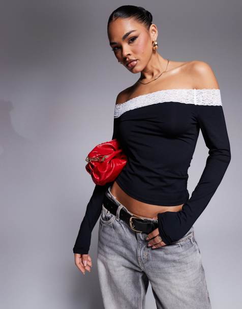 Top negro con escote Bardot y ribete de encaje monocromático de ASOS DESIGN - view 1