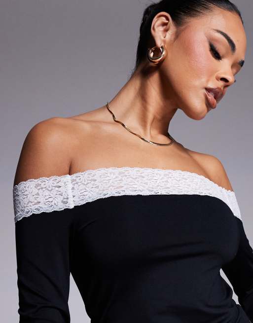 Top negro con escote Bardot y ribete de encaje monocromático de ASOS DESIGN, 2 de 4