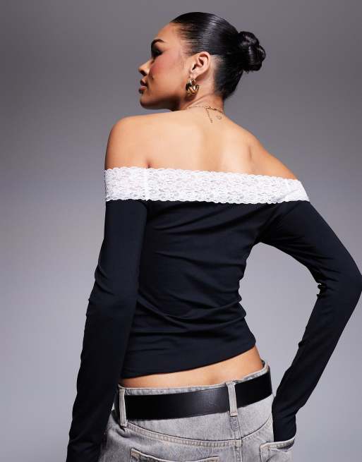 Top negro con escote Bardot y ribete de encaje monocromático de ASOS DESIGN, 4 de 4