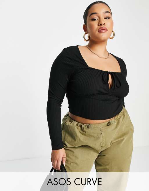 Top negro con escote cuadrado y detalle de lazada de canalé de ASOS DESIGN Curve