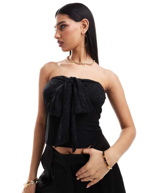 Top negro con escote palabra de honor, detalle de lazada y pecho de encaje de ASOS DESIGN
