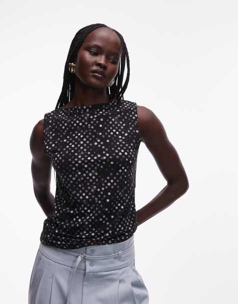 Top negro con estampado de lunares y cuello barco de malla Annie de Weekday - view 1