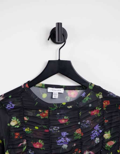 Top negro con estampado floral de manga larga de malla de Topshop, 3 de 4
