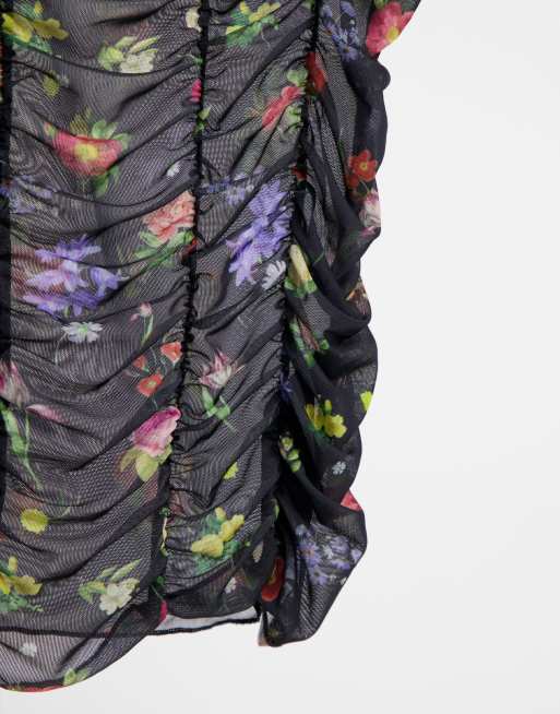 Top negro con estampado floral de manga larga de malla de Topshop, 4 de 4