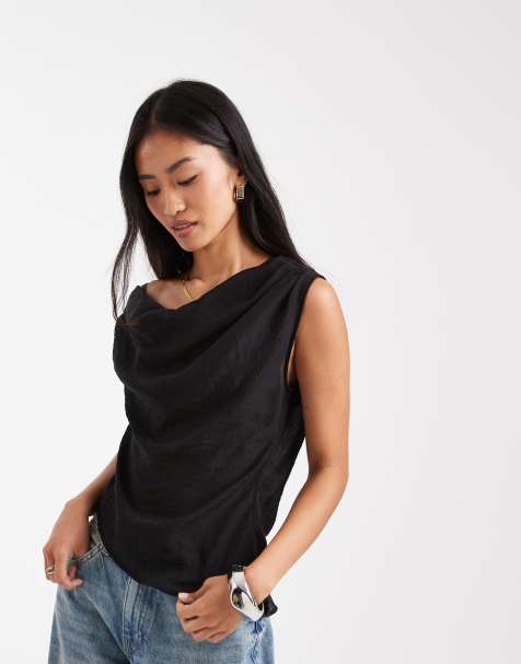 Top negro con hombro caído drapeado de tejido transparente de ASOS DESIGN - view 1