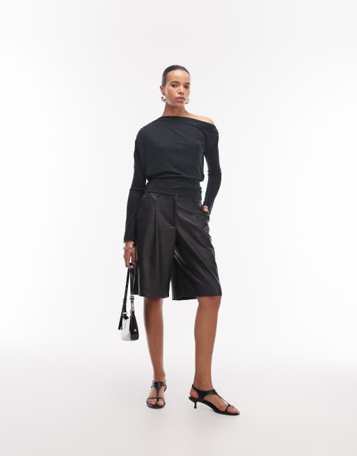 Top negro con hombro caído drapeado y cintura entallada de tejido suave de ASOS DESIGN, 3 de 4
