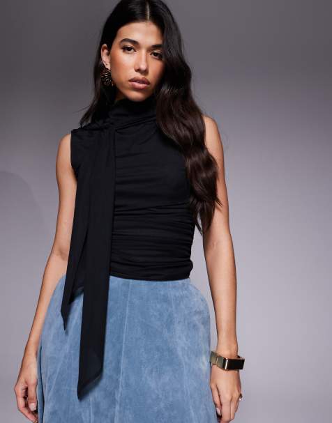 Top negro con laterales fruncidos y fular al cuello de malla de ASOS DESIGN - view 1