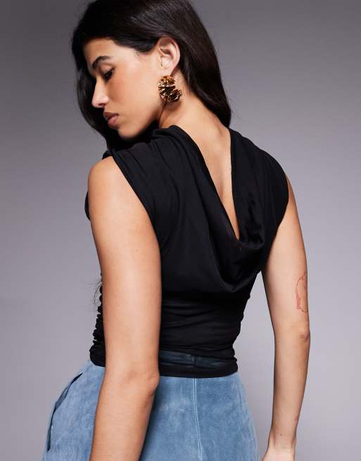 Top negro con laterales fruncidos y fular al cuello de malla de ASOS DESIGN, 2 de 4