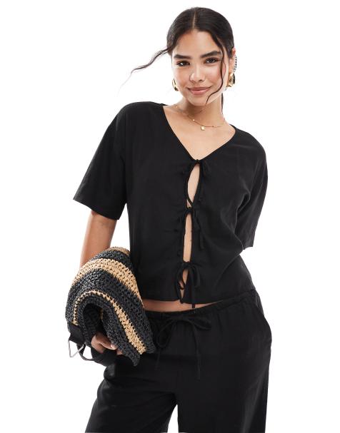 Top negro con lazada delantera de mezcla de lino de JDY (parte de un conjunto) - view 1