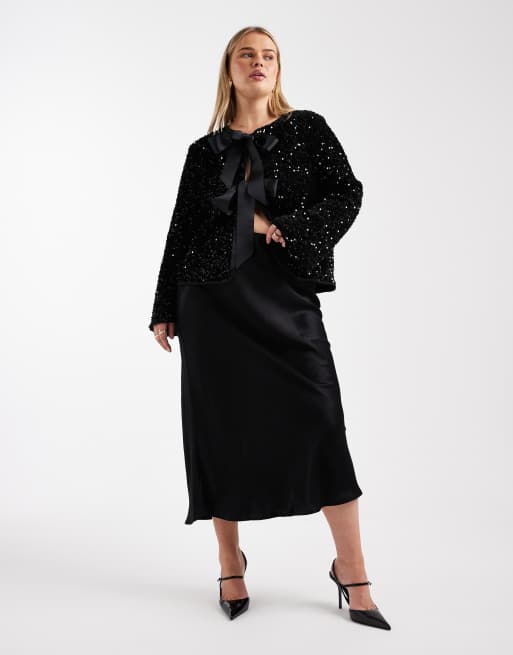 Top negro con lazada delantera de terciopelo con lentejuelas de ONLY Curve, 2 de 4