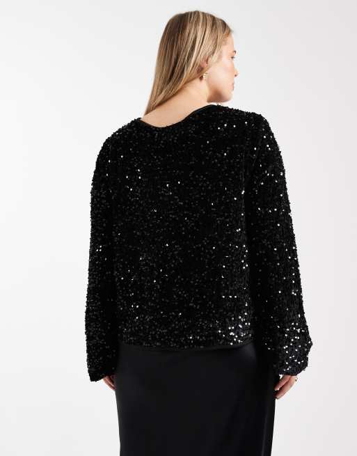 Top negro con lazada delantera de terciopelo con lentejuelas de ONLY Curve, 3 de 4
