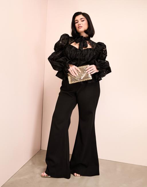 Top negro con mangas abullonadas y detalle de lazada de encaje de ASOS LUXE Curve , 3 de 4