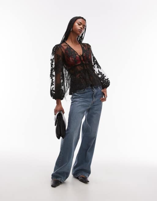 Top negro con mangas abullonadas y patrón floral de encaje transparente de Topshop, 3 de 4