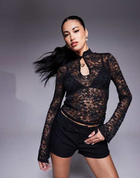 Top negro con mangas acampanadas y abertura de encaje de ASOS DESIGN - view 1