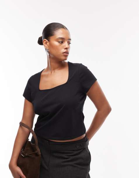 Top negro con mangas de casquillo y cuello cuadrado de algodón de ASOS DESIGN Curve - view 1