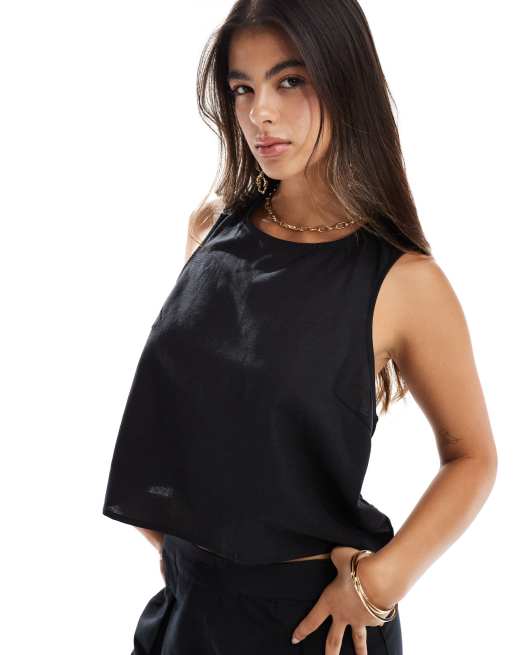 Top negro con parte delantera cruzada de mezcla de lino de PIECES (parte de un conjunto)