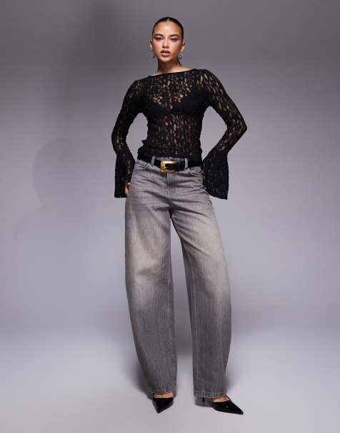 Top negro con puños acampanados de encaje transparente de ASOS DESIGN - view 1